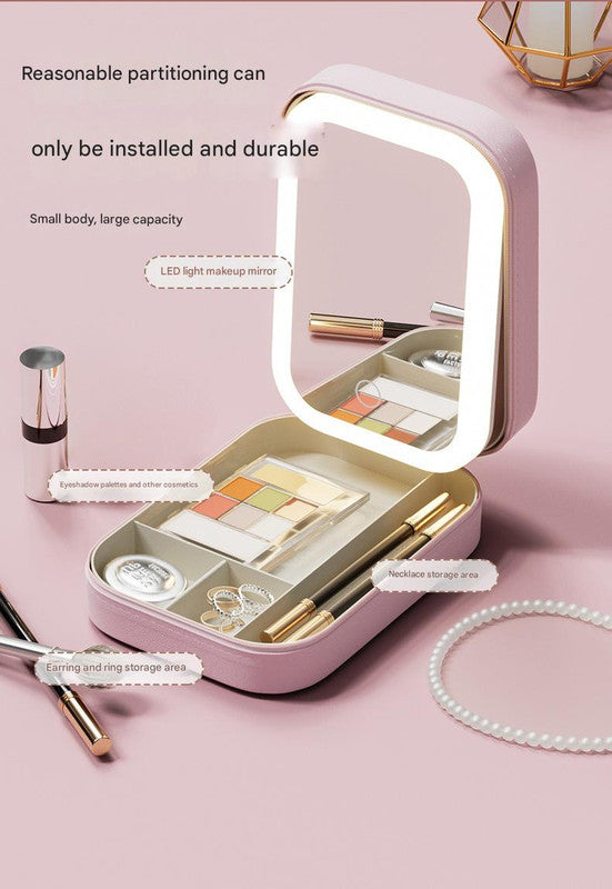 Portable Jewelry & Makeup Organizer Box with LED Touch Mirror - Rechargeable, Adjustable Lighting(pink) - Image 4