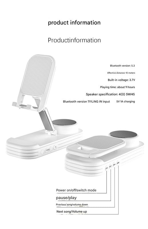Foldable Desktop Phone Stand with Bluetooth 5.3 Speaker - Adjustable Angle & Height, TF/Line-In(black) - Image 5