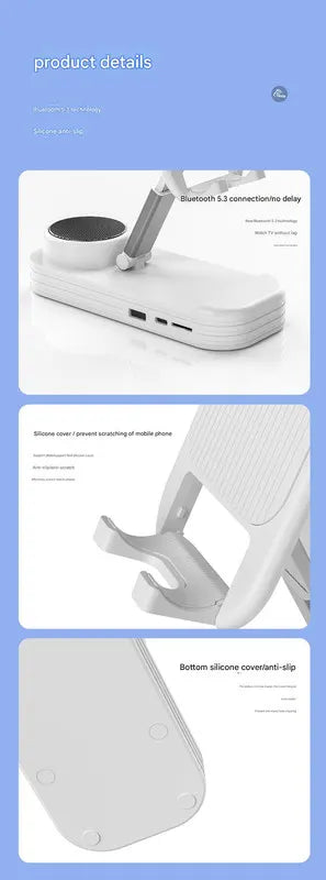 Foldable Desktop Phone Stand with Bluetooth 5.3 Speaker - Adjustable Angle & Height, TF/Line-In(pink) - Image 4