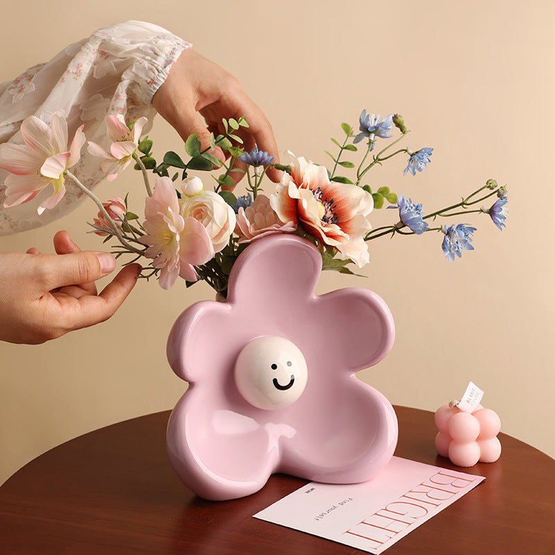 Artistic Floral Smiling Face Vase - Modern Ceramic Decor with Gloss Finish(pink) - Image 2