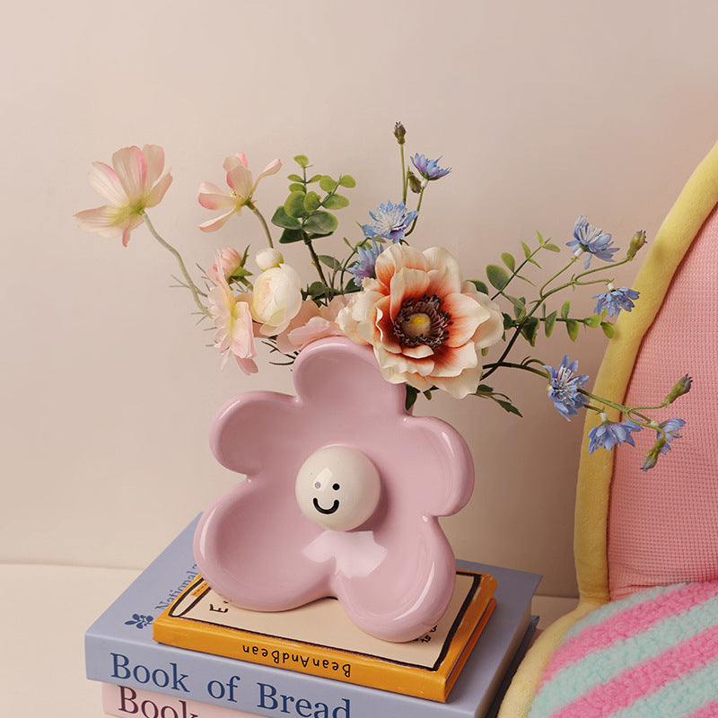 Artistic Floral Smiling Face Vase - Modern Ceramic Decor with Gloss Finish(pink) - Image 3
