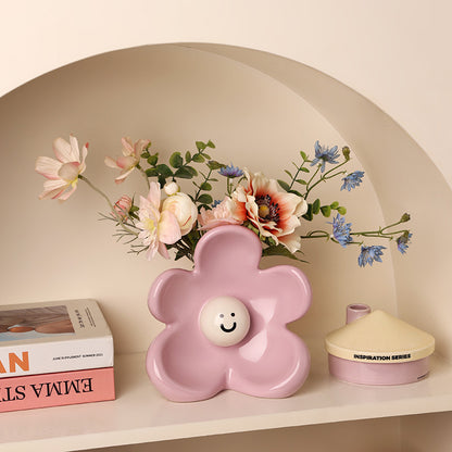 Artistic Floral Smiling Face Vase - Modern Ceramic Decor with Gloss Finish(pink) - Image 4