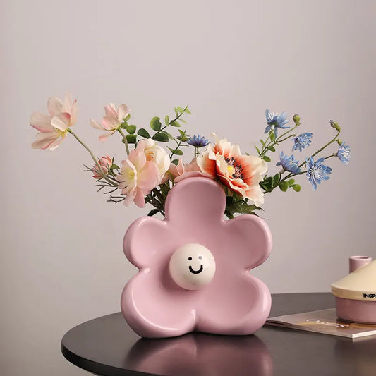 Artistic Floral Smiling Face Vase - Modern Ceramic Decor with Gloss Finish(lemon-yellow) - Image 5