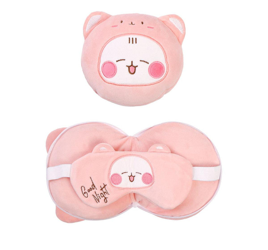 2-in-1 Convertible Eye Mask & Travel Neck Pillow Set - Plush Fabric with Snap Closure(pink) - Image 2