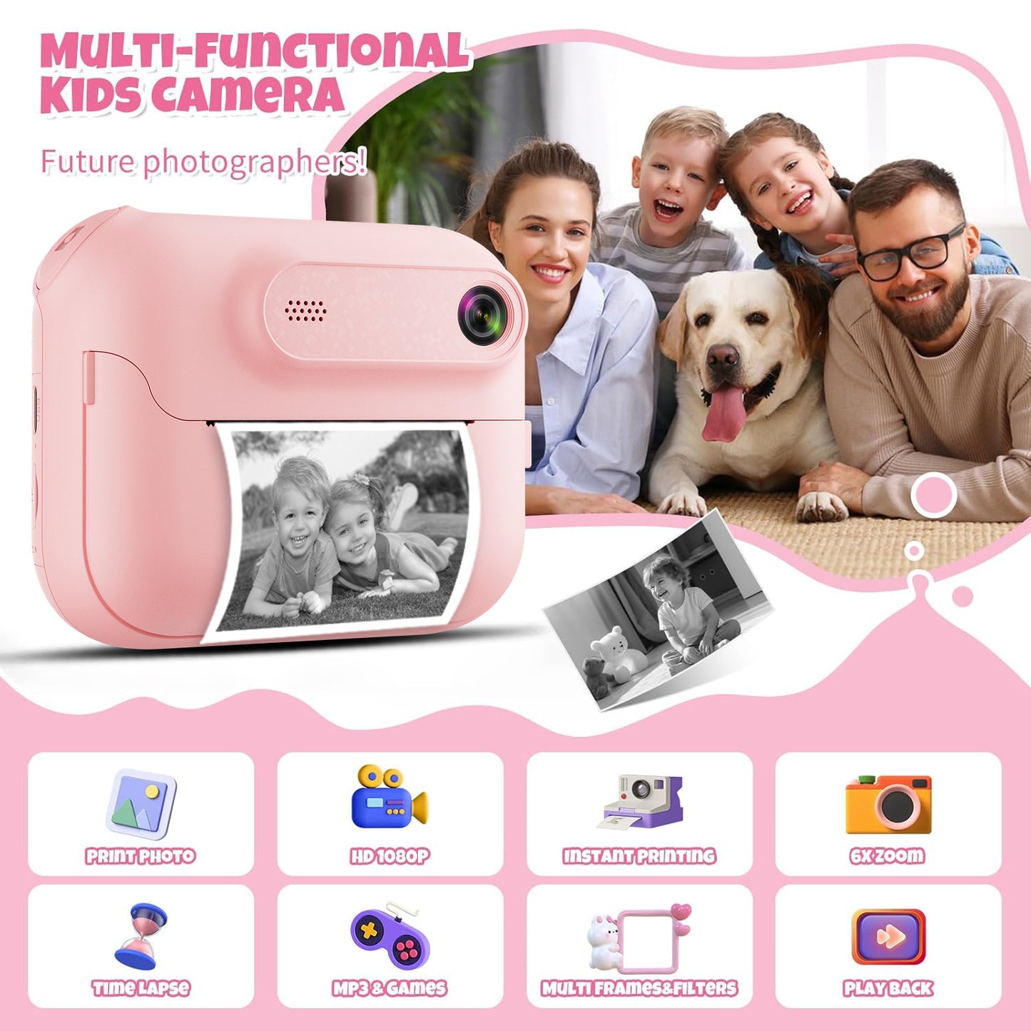 Kids Multi-Functional Camera Toy - Instant B&W Printing & Creative Stickers(white) - Image 2