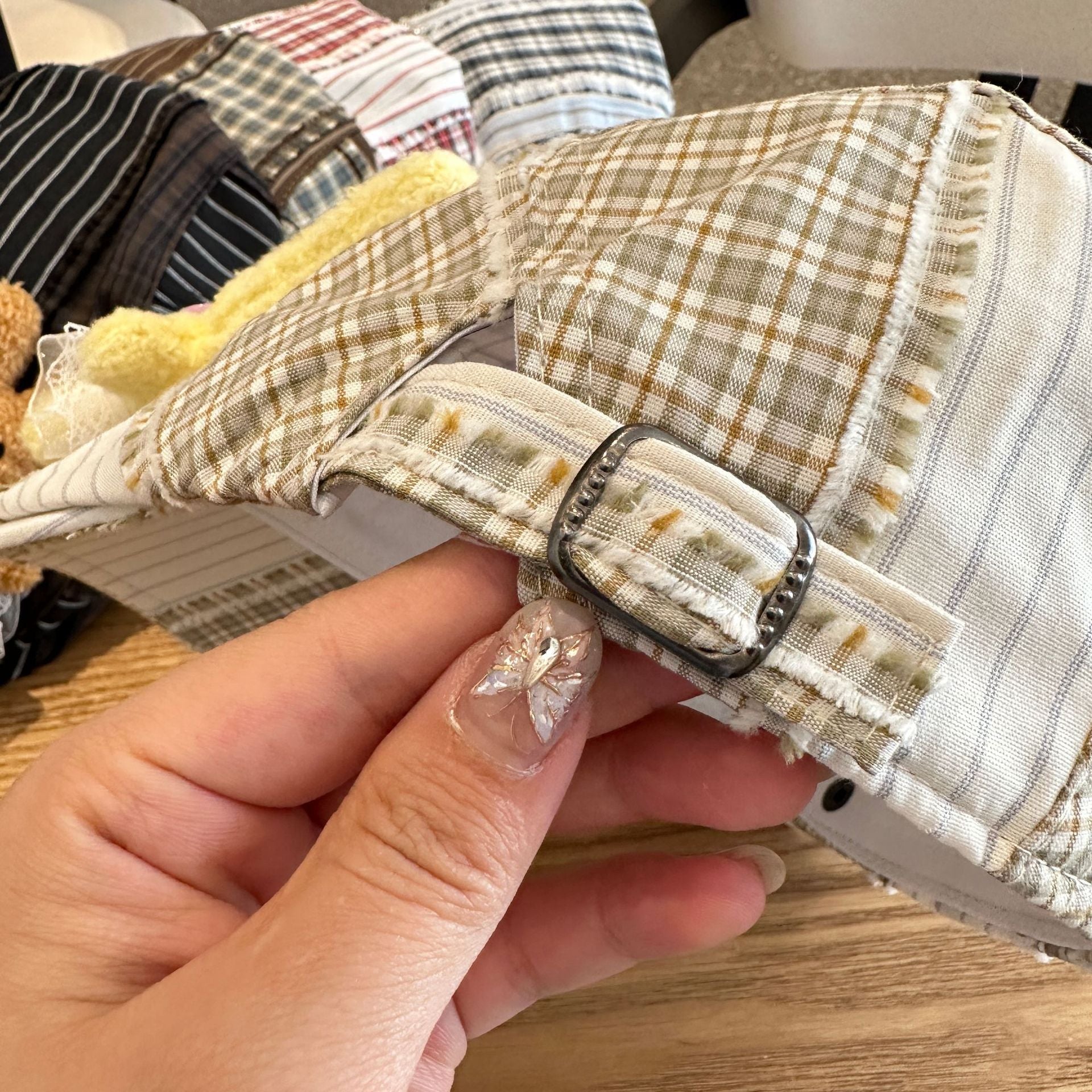 Patchwork Plaid Cotton Cap with Decorative Details(brown) - Image 6