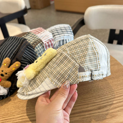 Patchwork Plaid Cotton Cap with Decorative Details(brown) - Image 7