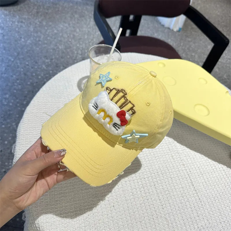 Adorable Cartoon Cat & Stars Baseball Cap - 100% Cotton, Adjustable Fit, Sun Protection(yellow)