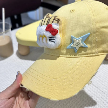 Adorable Cartoon Cat & Stars Baseball Cap - 100% Cotton, Adjustable Fit, Sun Protection(yellow) - Image 4