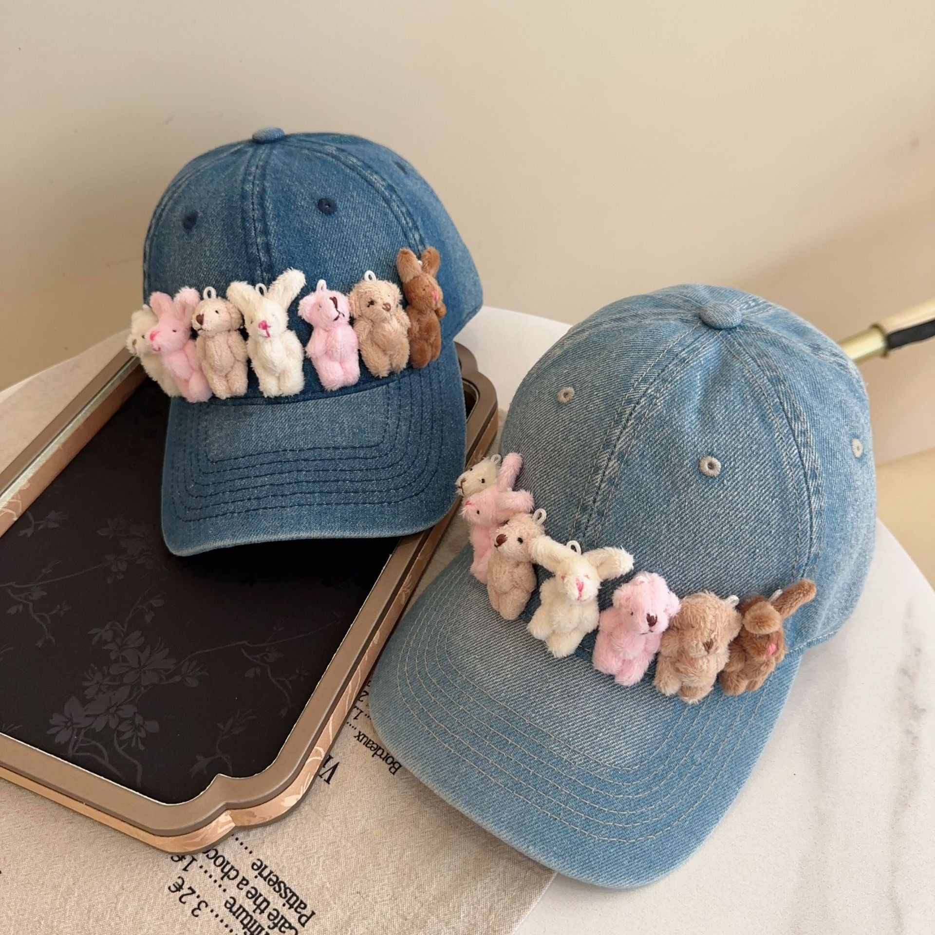 Whimsical Plush Bunny Row Denim Baseball Cap - Adjustable, Sun Protection, Breathable Comfort(Light Blue) - Image 3