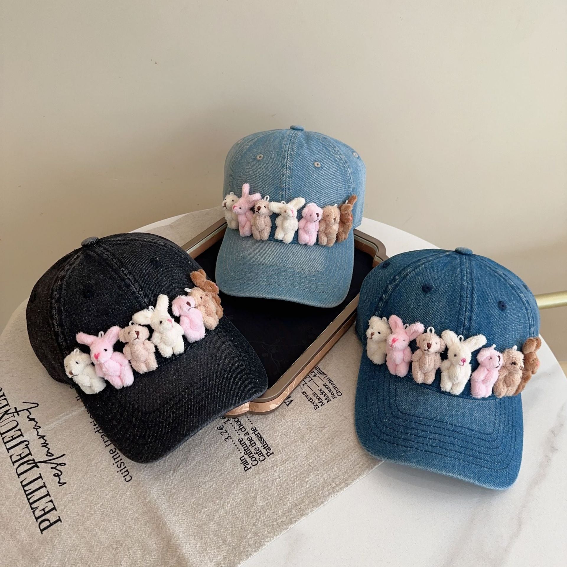 Whimsical Plush Bunny Row Denim Baseball Cap - Adjustable, Sun Protection, Breathable Comfort(Light Blue) - Image 4