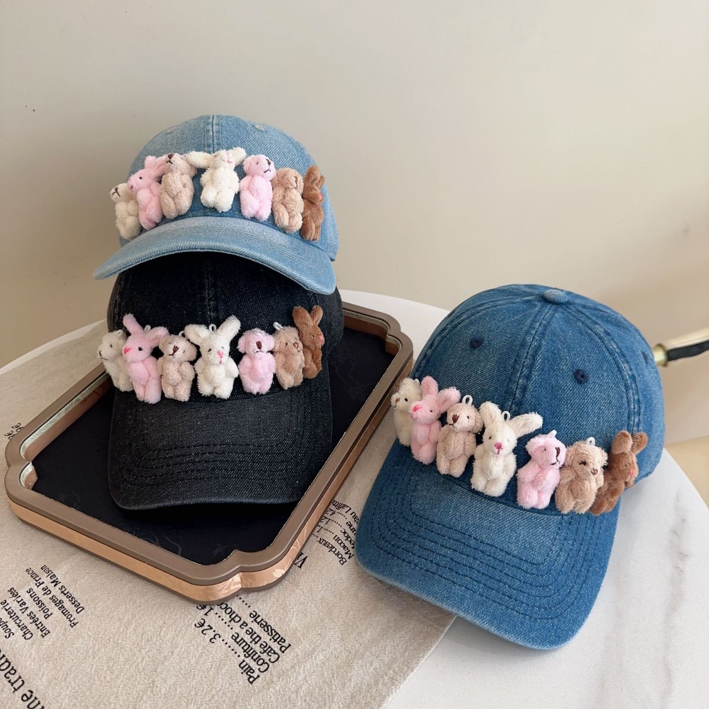 Whimsical Plush Bunny Row Denim Baseball Cap - Adjustable, Sun Protection, Breathable Comfort(Dark Blue) - Image 2