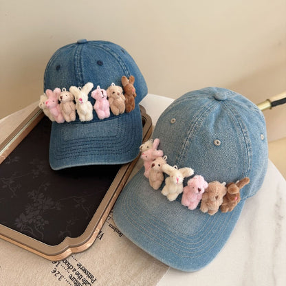 Whimsical Plush Bunny Row Denim Baseball Cap - Adjustable, Sun Protection, Breathable Comfort(Dark Blue) - Image 3