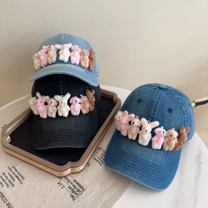 Whimsical Plush Bunny Row Denim Baseball Cap - Adjustable, Sun Protection, Breathable Comfort(Black) - Image 2