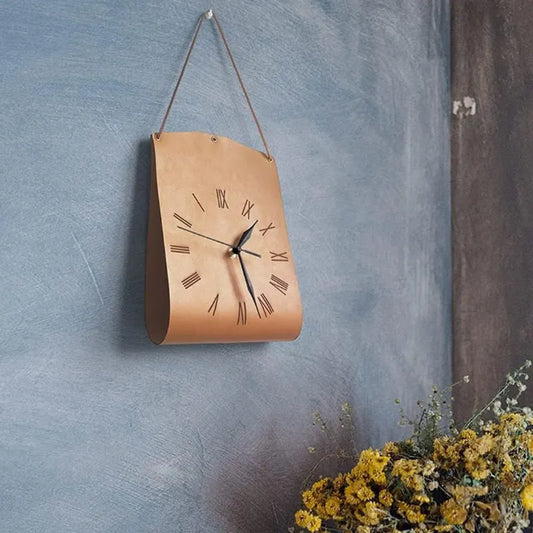 Retro PU Leather Hanging Wall Clock - Silent Sweep Movement, Roman Numerals, Decorative Handbag Style(Light Brown) - Image 3