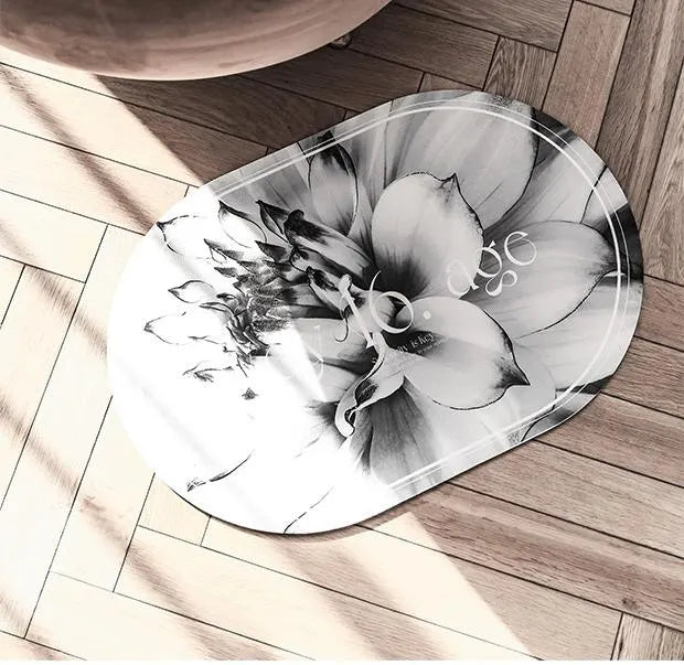 Elegant Floral Print Absorbent Floor Mat - Quick Dry, Non-Slip, Easy Clean Bathroom & Entryway Rug(Black and White) - Image 4