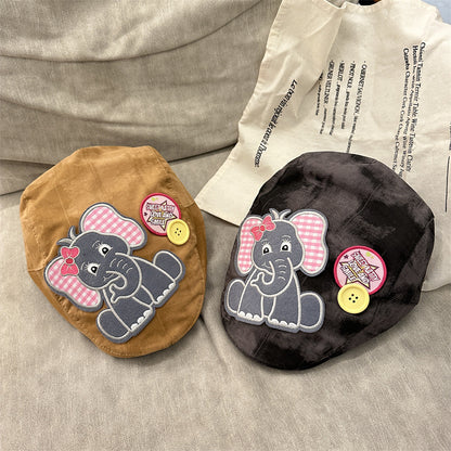 Cute Elephant Applique Beret Hat - Soft Fabric, Adjustable Fit, Retro Newsboy Cap(Black) - Image 2
