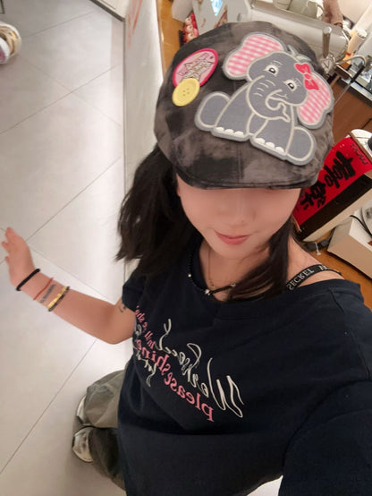 Cute Elephant Applique Beret Hat - Soft Fabric, Adjustable Fit, Retro Newsboy Cap(Black) - Image 5