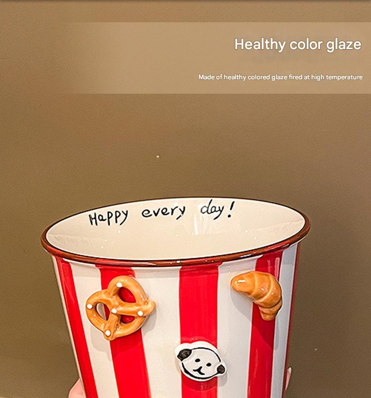 Charming Striped Ceramic Instant Noodle Bowl with 3D Accents & Happy every day!" Message(red)" - Image 4