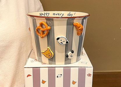 Charming Striped Ceramic Instant Noodle Bowl with 3D Accents & Happy every day!" Message(grey)"
