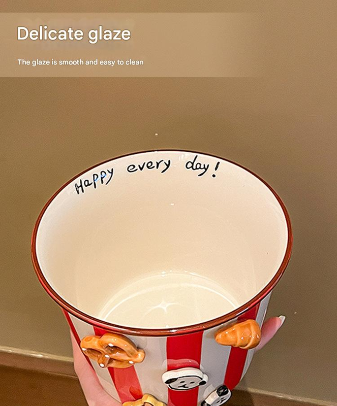 Charming Striped Ceramic Instant Noodle Bowl with 3D Accents & Happy every day!" Message(grey)" - Image 3