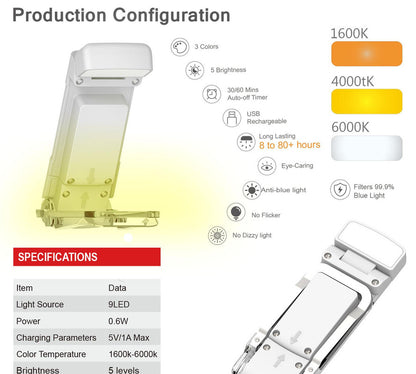 Portable Clip-On LED Reading Light - USB Rechargeable, 3 Color Modes & 5 Brightness Levels(black) - Image 2