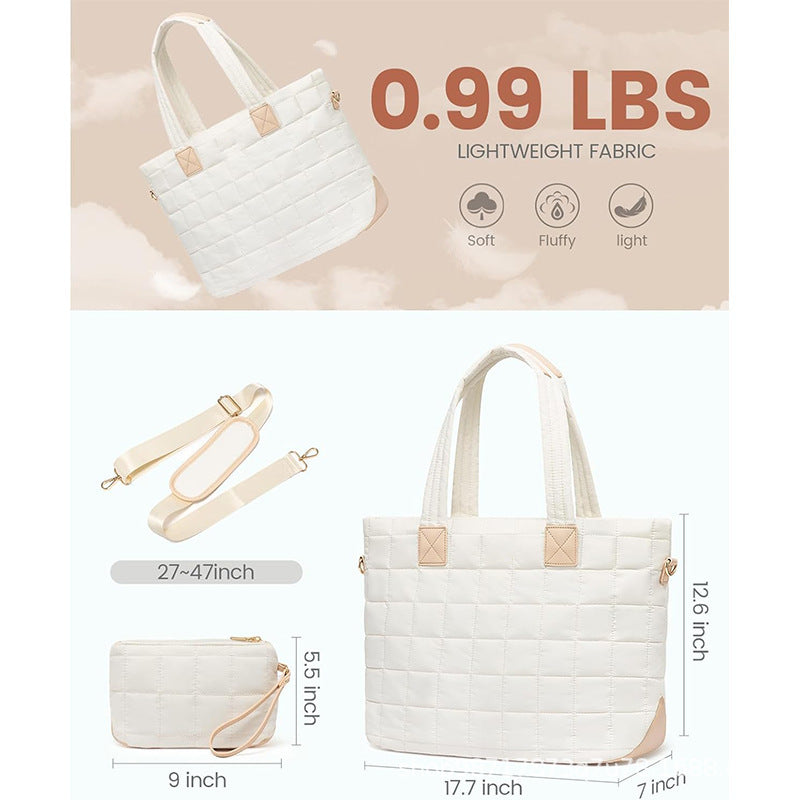 Lightweight Quilted Tote Bag for Women - Fits 15.6 Laptop Water-Resistant with Clutch & Luggage Strap(White)" - Image 4