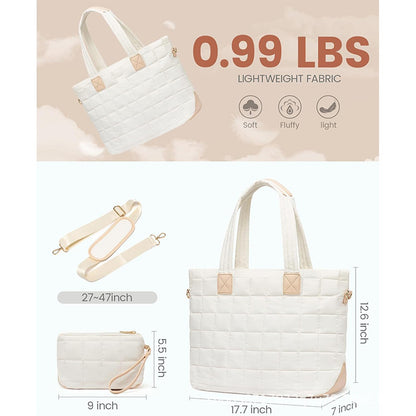 Lightweight Quilted Tote Bag for Women - Fits 15.6 Laptop Water-Resistant with Clutch & Luggage Strap(White)" - Image 4