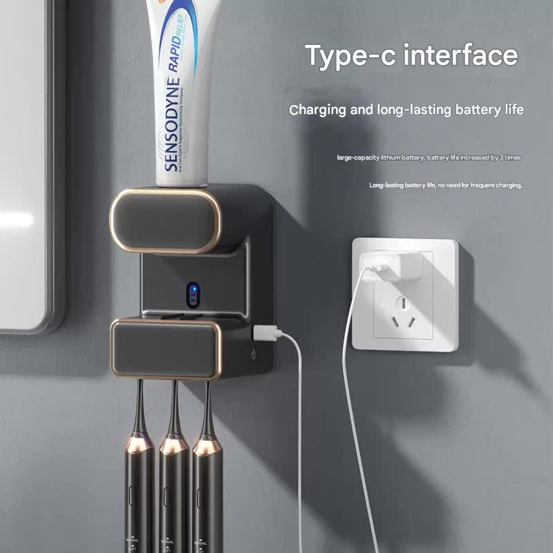 Automatic Toothpaste Dispenser with UVC Toothbrush Sterilizer & Holder - Wall Mounted, Rechargeable(Grey) - Image 2