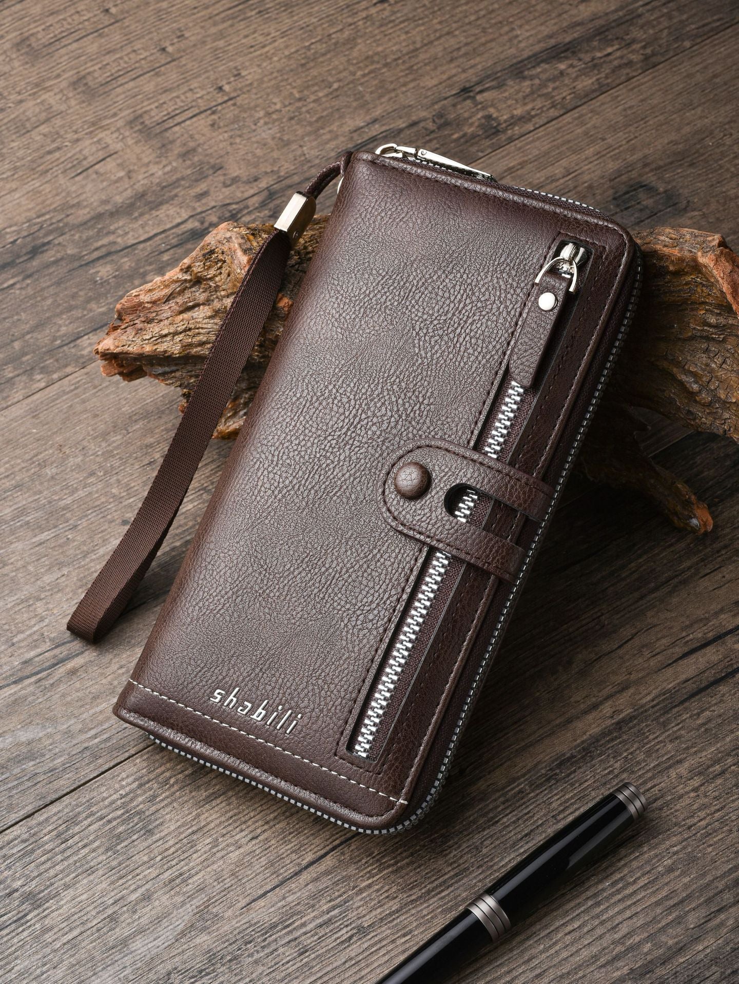 Two pieces High-Capacity PU Leather Clutch Wallet - Unisex Design with Wrist Strap, Zipper & Multiple Card Slots(black) - Image 2