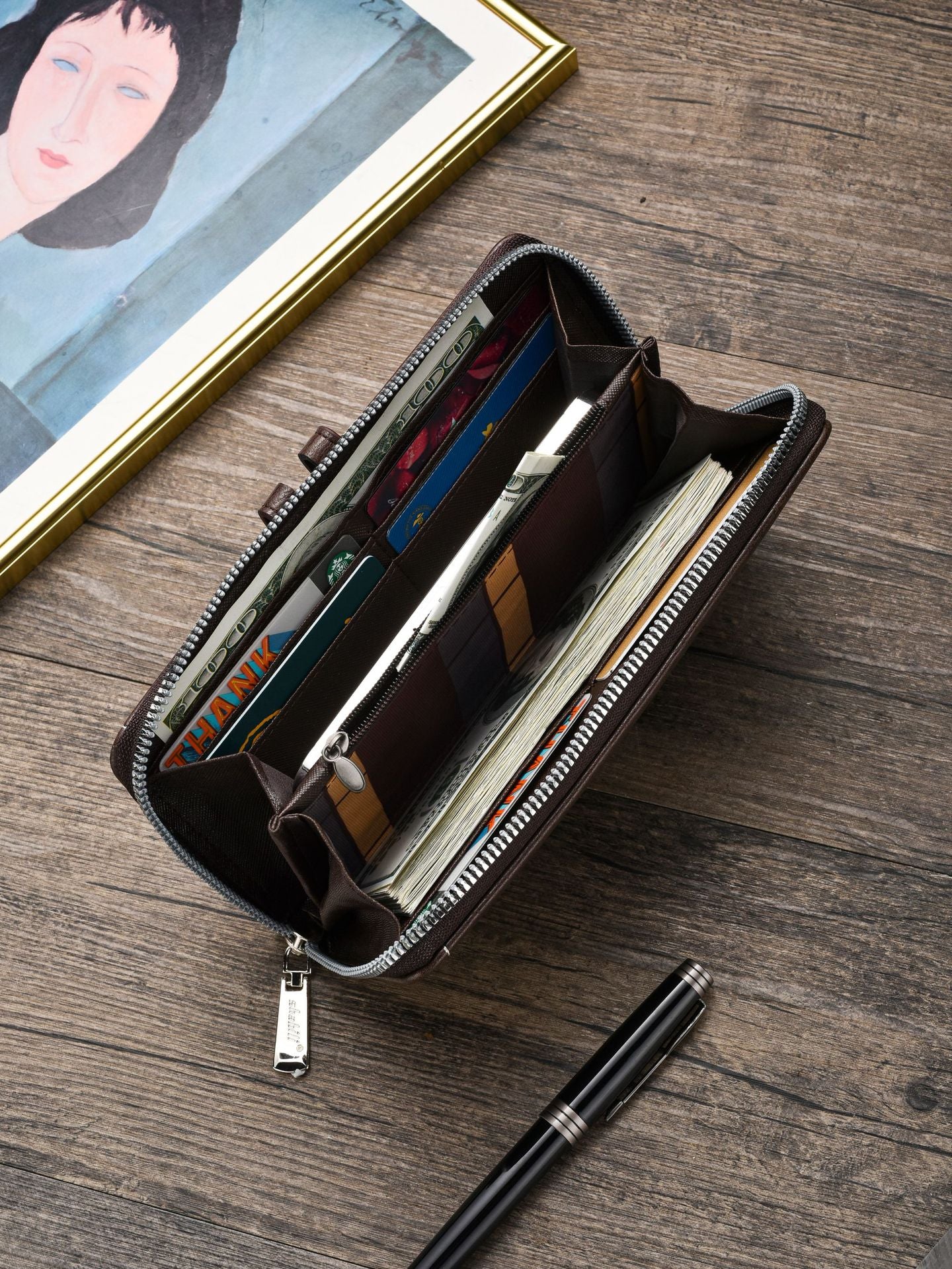 Two pieces High-Capacity PU Leather Clutch Wallet - Unisex Design with Wrist Strap, Zipper & Multiple Card Slots(black) - Image 3