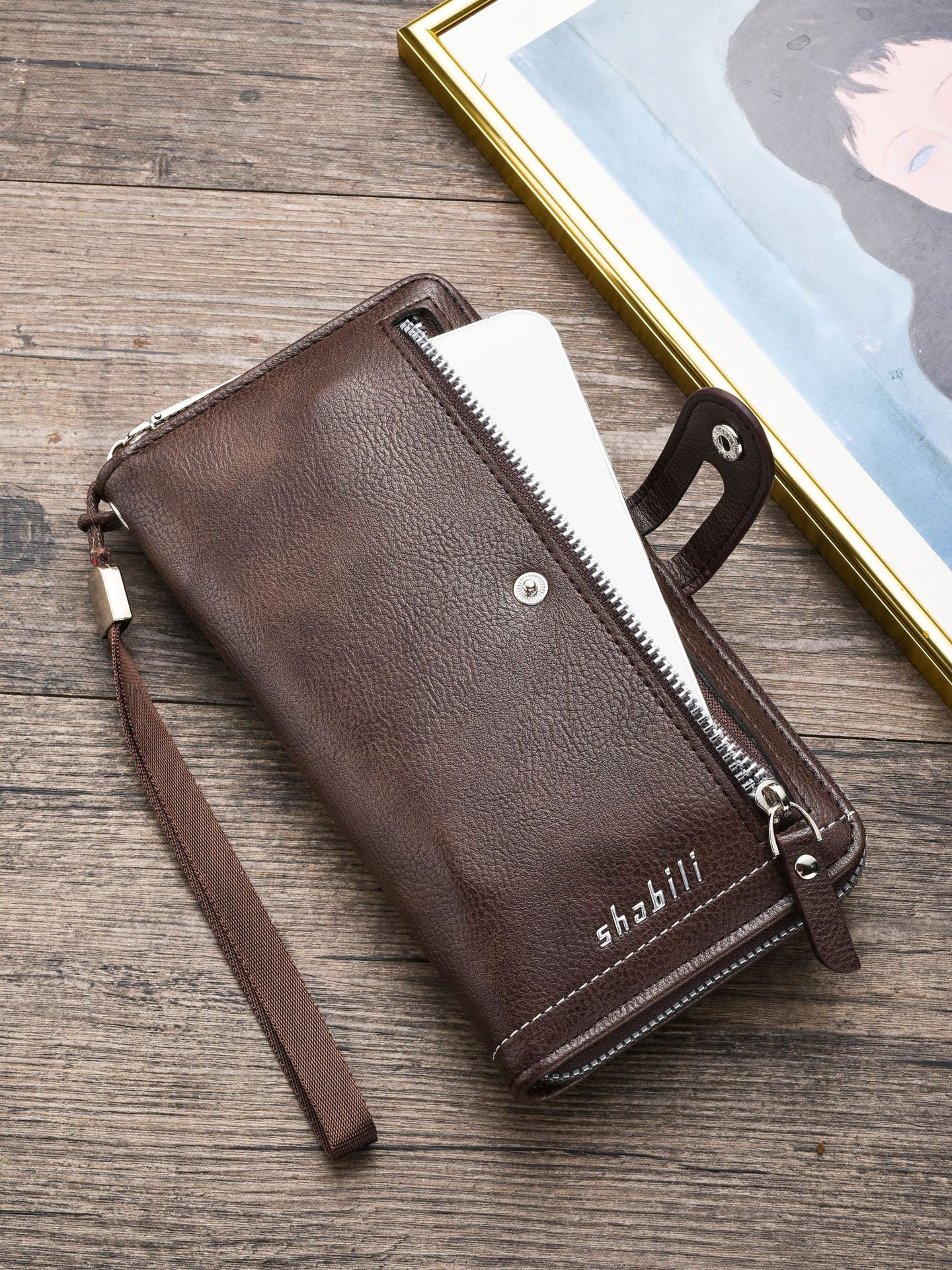 Two pieces High-Capacity PU Leather Clutch Wallet - Unisex Design with Wrist Strap, Zipper & Multiple Card Slots(Light brown) - Image 4