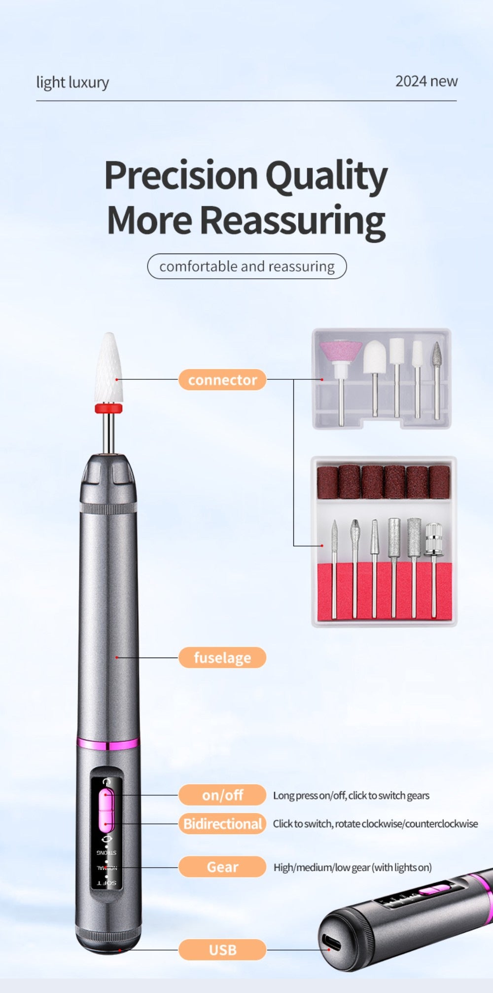 Professional Electric Nail Drill Pen Kit - 3-Speed, Bidirectional, Rechargeable Manicure & Pedicure Tool(Silver Gray) - Image 9