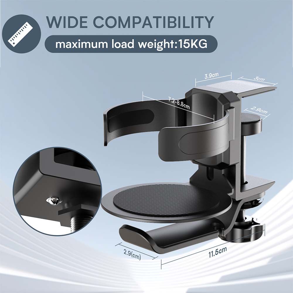 Two desktop clip-on cup holders and headphone hanger - adjustable, non-slip silicone, maximum load 15KG(black) - Image 2