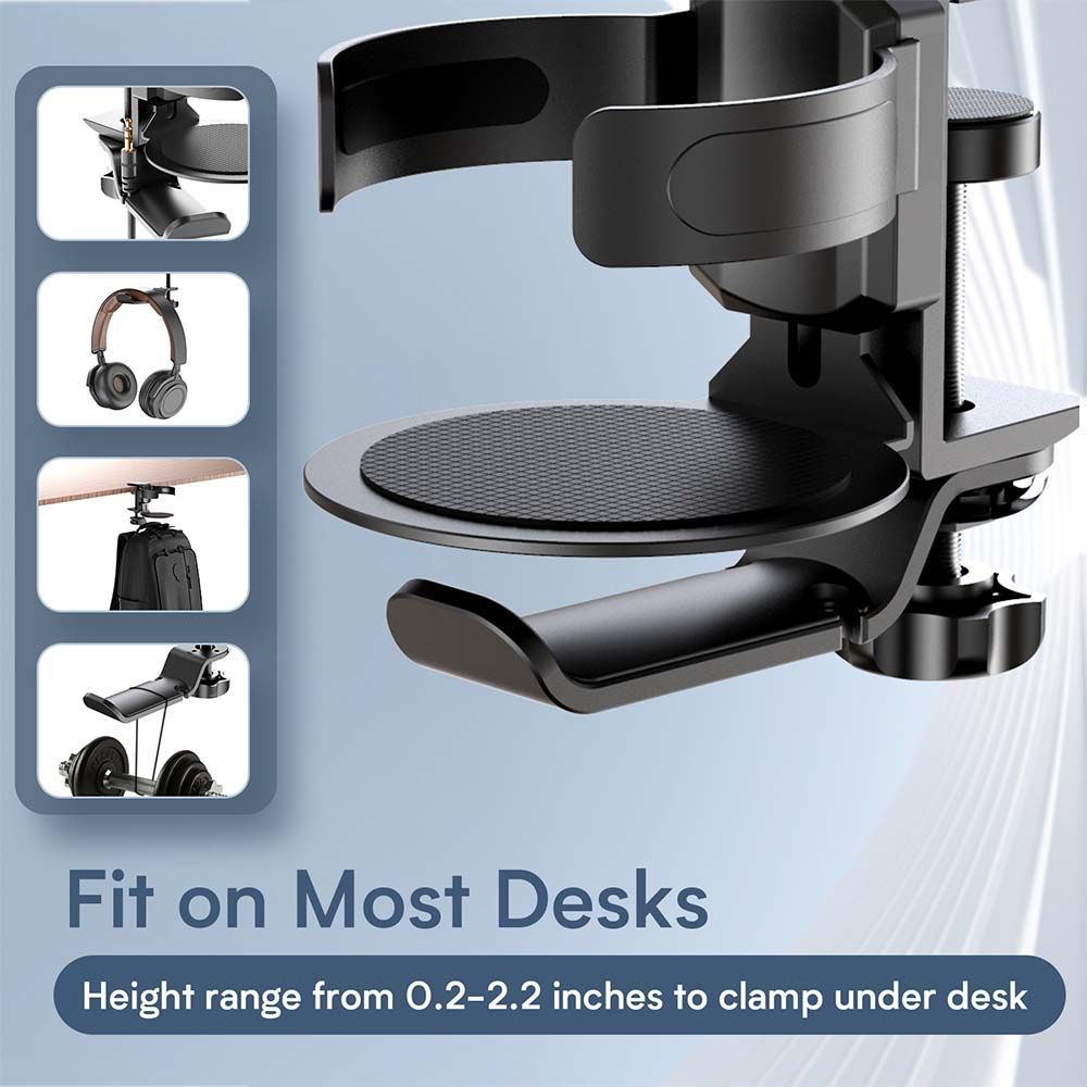 Two desktop clip-on cup holders and headphone hanger - adjustable, non-slip silicone, maximum load 15KG(black) - Image 3