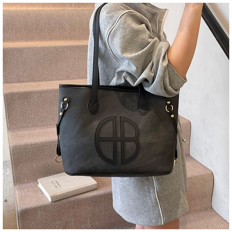 Stylish Large Capacity Tote Bag with PU Leather Trim & Logo Detail(Beige with brown) - Image 6