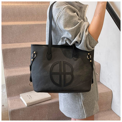 Stylish Large Capacity Tote Bag with PU Leather Trim & Logo Detail(black) - Image 6