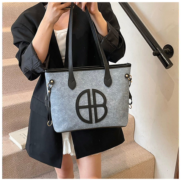Stylish Large Capacity Tote Bag with PU Leather Trim & Logo Detail(black) - Image 7