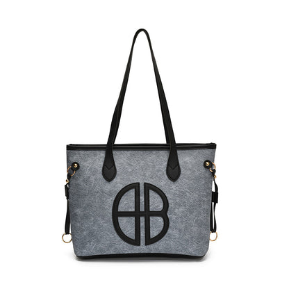 Stylish Large Capacity Tote Bag with PU Leather Trim & Logo Detail(Blue with black)