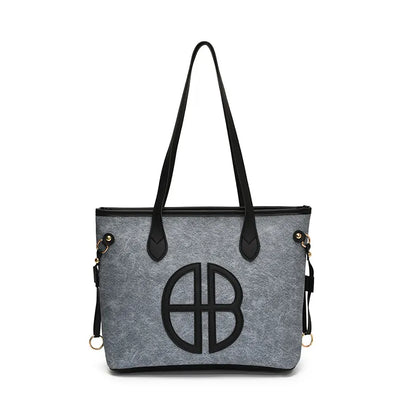 Stylish Large Capacity Tote Bag with PU Leather Trim & Logo Detail(Blue with black)