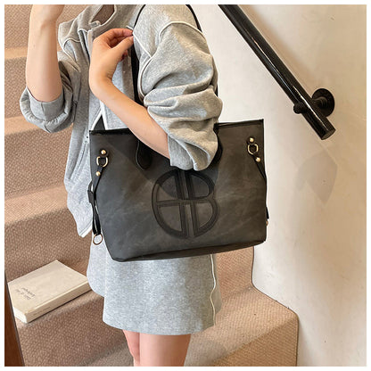 Stylish Large Capacity Tote Bag with PU Leather Trim & Logo Detail(Blue with black) - Image 5