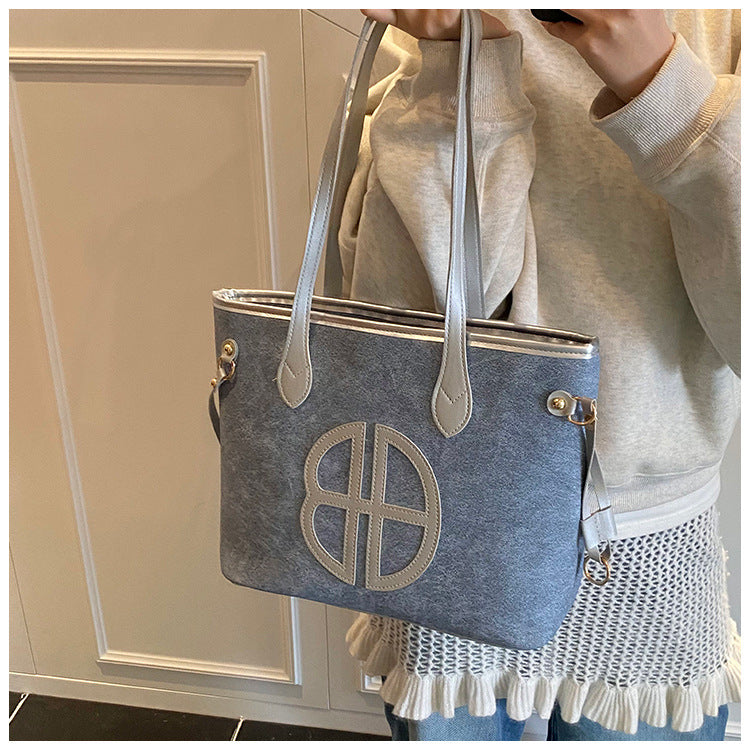 Stylish Large Capacity Tote Bag with PU Leather Trim & Logo Detail(Blue with Silver) - Image 3