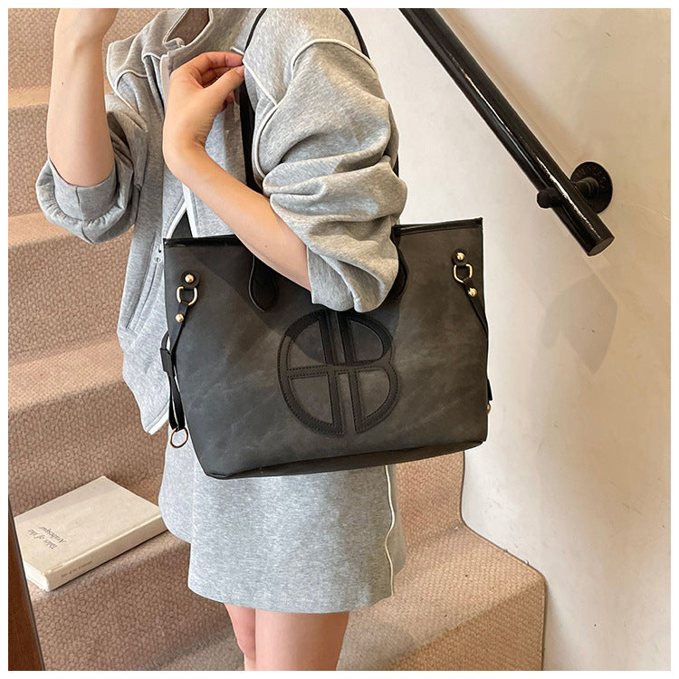 Stylish Large Capacity Tote Bag with PU Leather Trim & Logo Detail(Blue with Silver) - Image 5