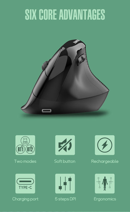 Two Ergonomic Vertical Wireless Mouse - Dual Mode (2.4G & Bluetooth), 5 Adjustable DPI, Silent Clicks, Rechargeable(black) - Image 5
