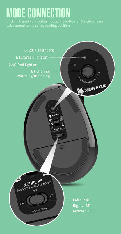 Two Ergonomic Vertical Wireless Mouse - Dual Mode (2.4G & Bluetooth), 5 Adjustable DPI, Silent Clicks, Rechargeable(white) - Image 6