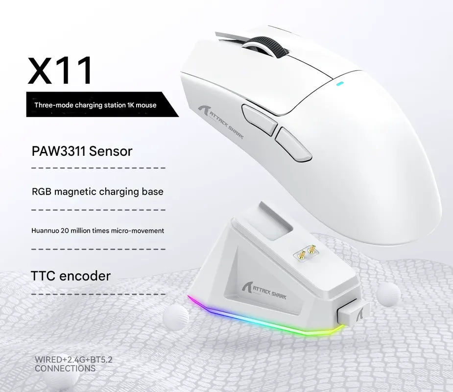 High-Performance Tri-Mode Wireless Gaming Mouse - 22000 DPI, Rechargeable, with RGB Charging Dock(white)