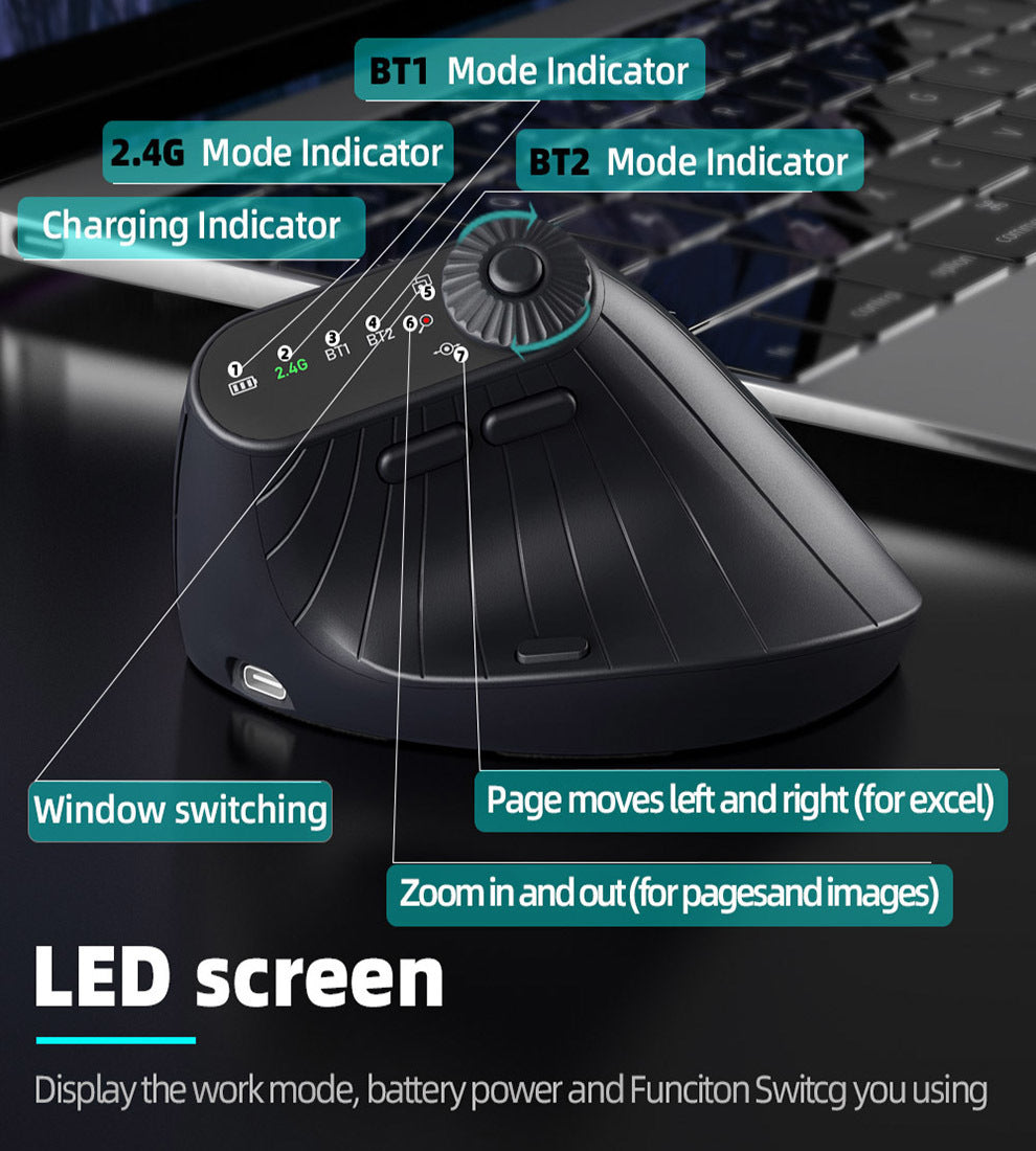 Ergonomic Vertical Mouse - 2.4G/Bluetooth Multi-Mode, LED Display, 57-Degree Angle, & 400mAh Battery(Black) - Image 3