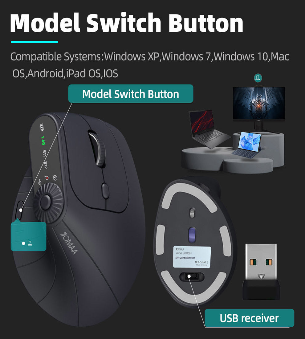 Ergonomic Vertical Mouse - 2.4G/Bluetooth Multi-Mode, LED Display, 57-Degree Angle, & 400mAh Battery(Purple) - Image 4