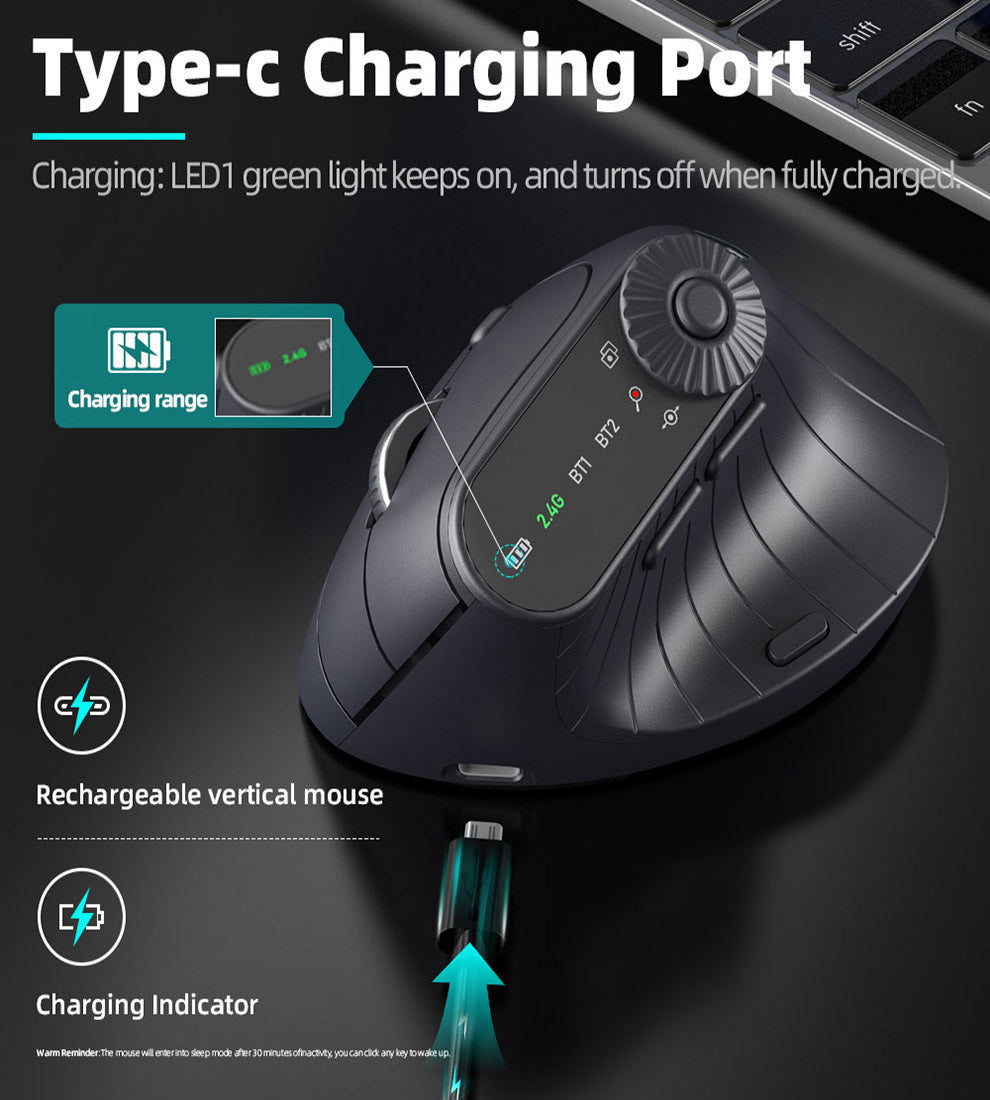 Ergonomic Vertical Mouse - 2.4G/Bluetooth Multi-Mode, LED Display, 57-Degree Angle, & 400mAh Battery(Purple) - Image 5