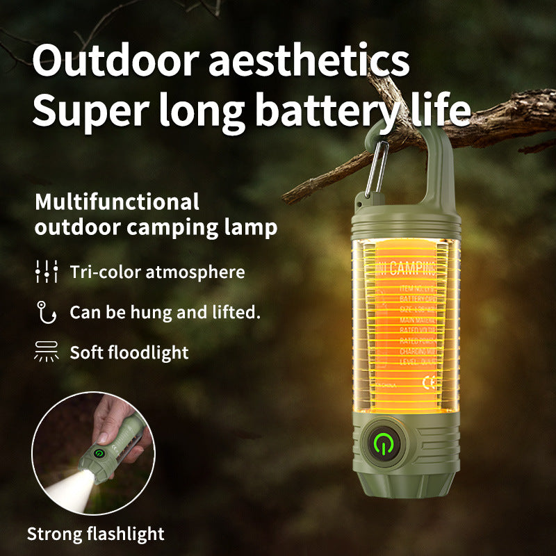 Tri-Color Portable Camping Lantern & Flashlight - Rechargeable, 360°Ambient Light & Hook Design(green) - Image 2